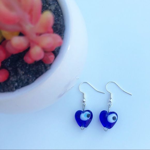 Wild Reiki Evil Eye Glass Heart Dangle Earrings - Picture 1 of 3